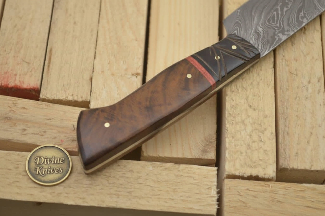 Brown Wood Damascus Knife Accented with a Bold Red Band