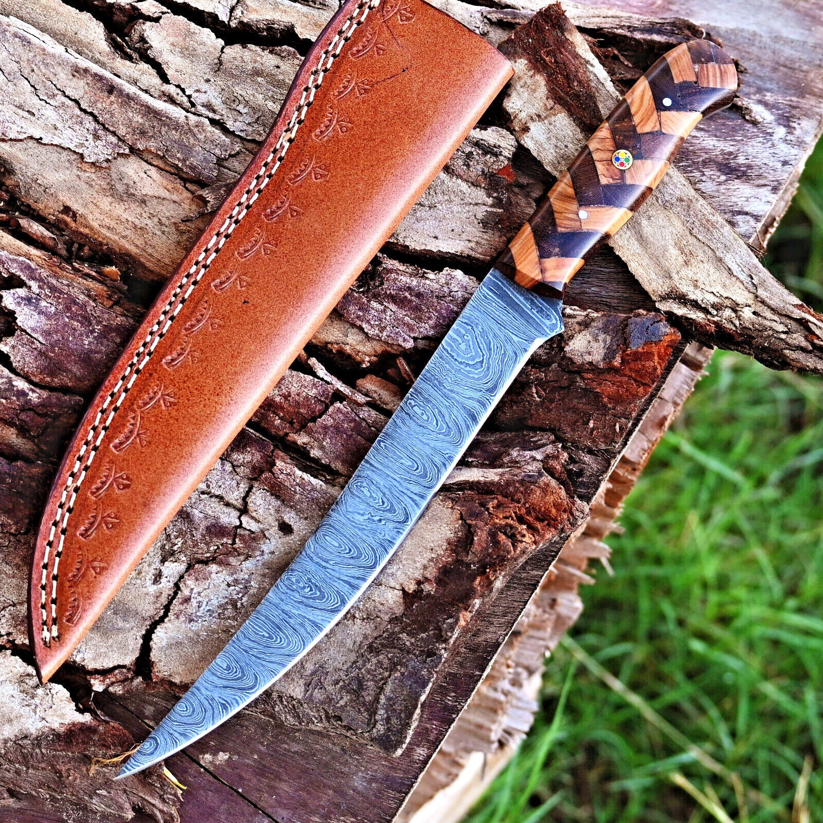 Fishing Fillet Knife - Handmade Damascus Steel Best Fillet Knife with Rosewood and Olive Wood Handle & Leather Sheath