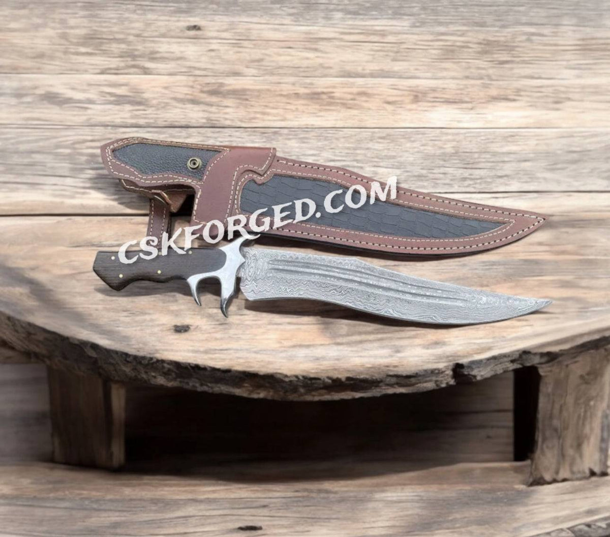 Handmade Damascus Steel 'Dragon Slayer' hunting knife with brown burl handle, razor-sharp blade, collector’s edition by cskforged