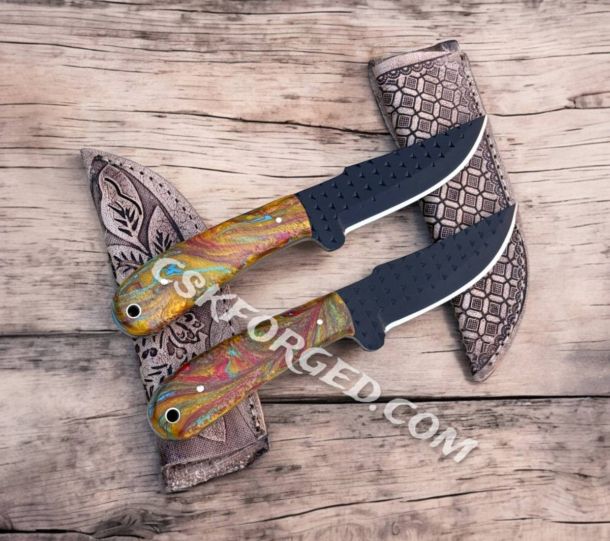 Handcrafted cowboy knives set with 8.5-inch rasp steel blade, cskforged EDC knife with leather sheaths, full view of the blades and sheaths