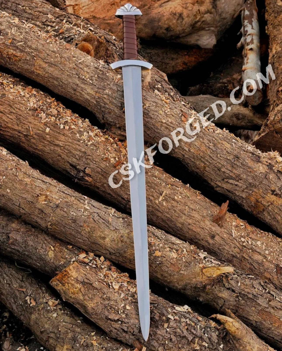 Medieval D2 tool steel Viking sword with leather-wrapped wooden scabbard, custom Northmen design, by cskforged.