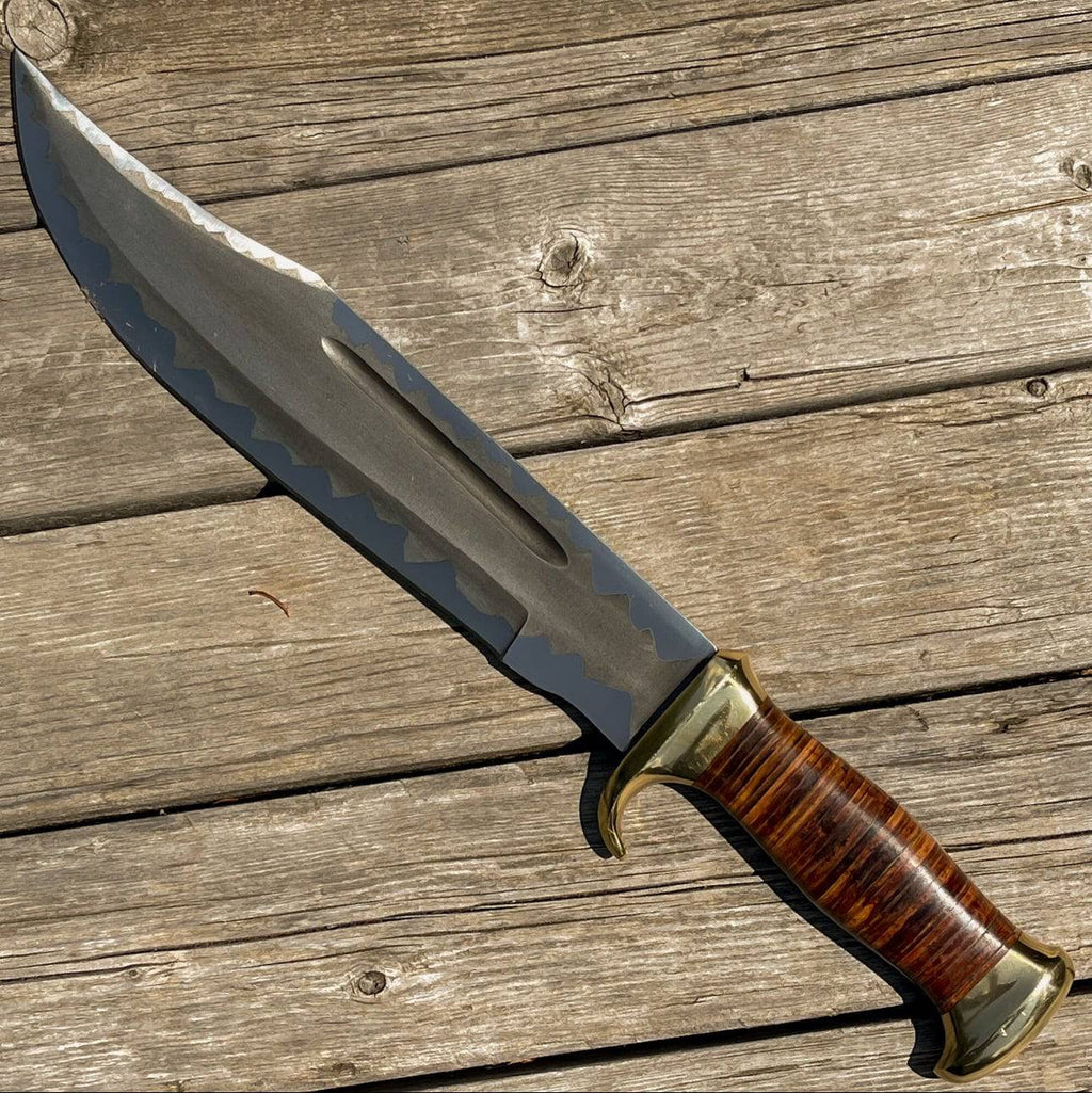 Cskforged Brave Exploration II outdoor hunting Bowie knife with leather sheath, stainless steel blade, and ergonomic handle.