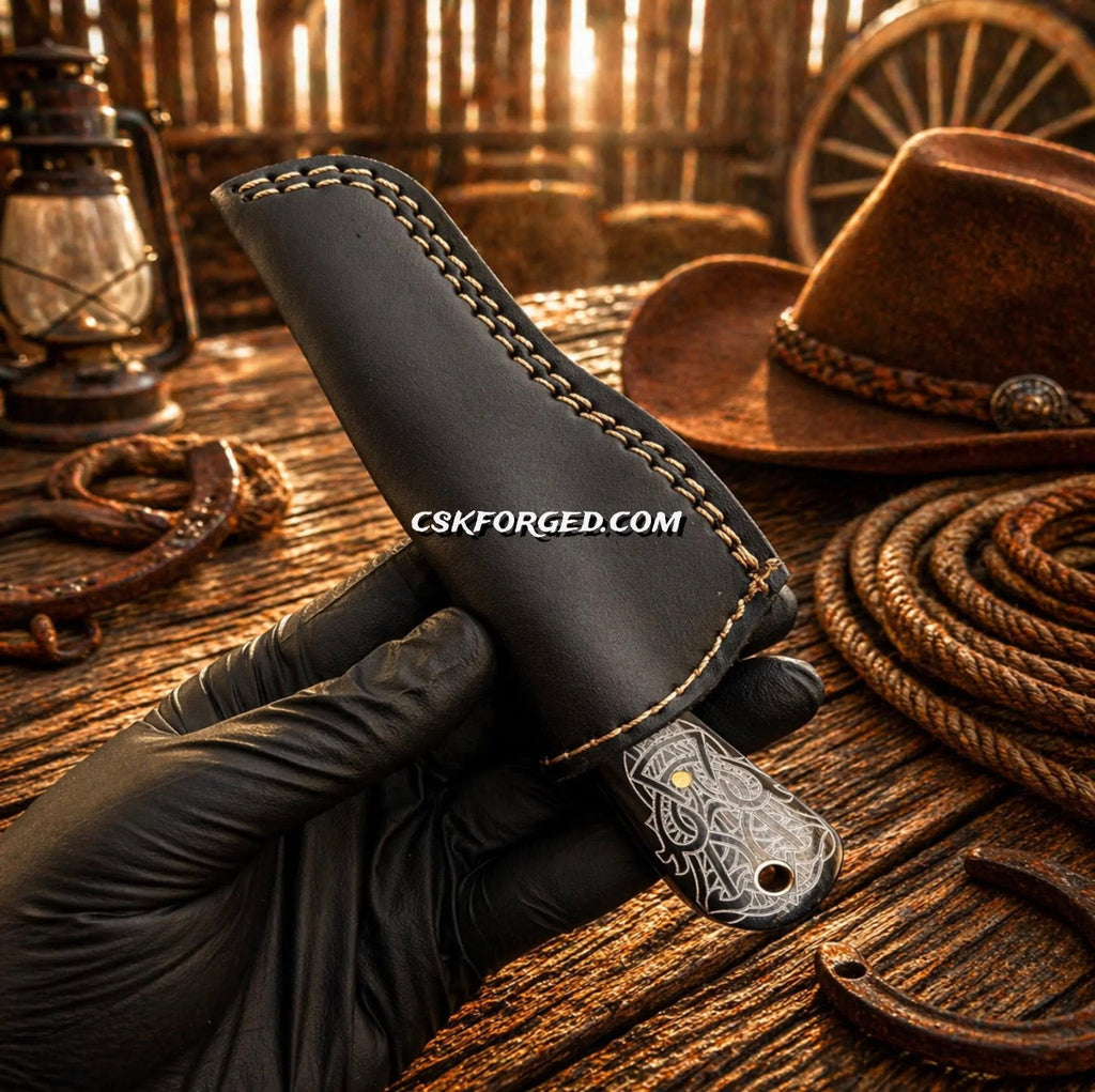 Cowboy Knife Damascus Bullcutter Buffalo Horn Hunting Knife Pancake Sheath