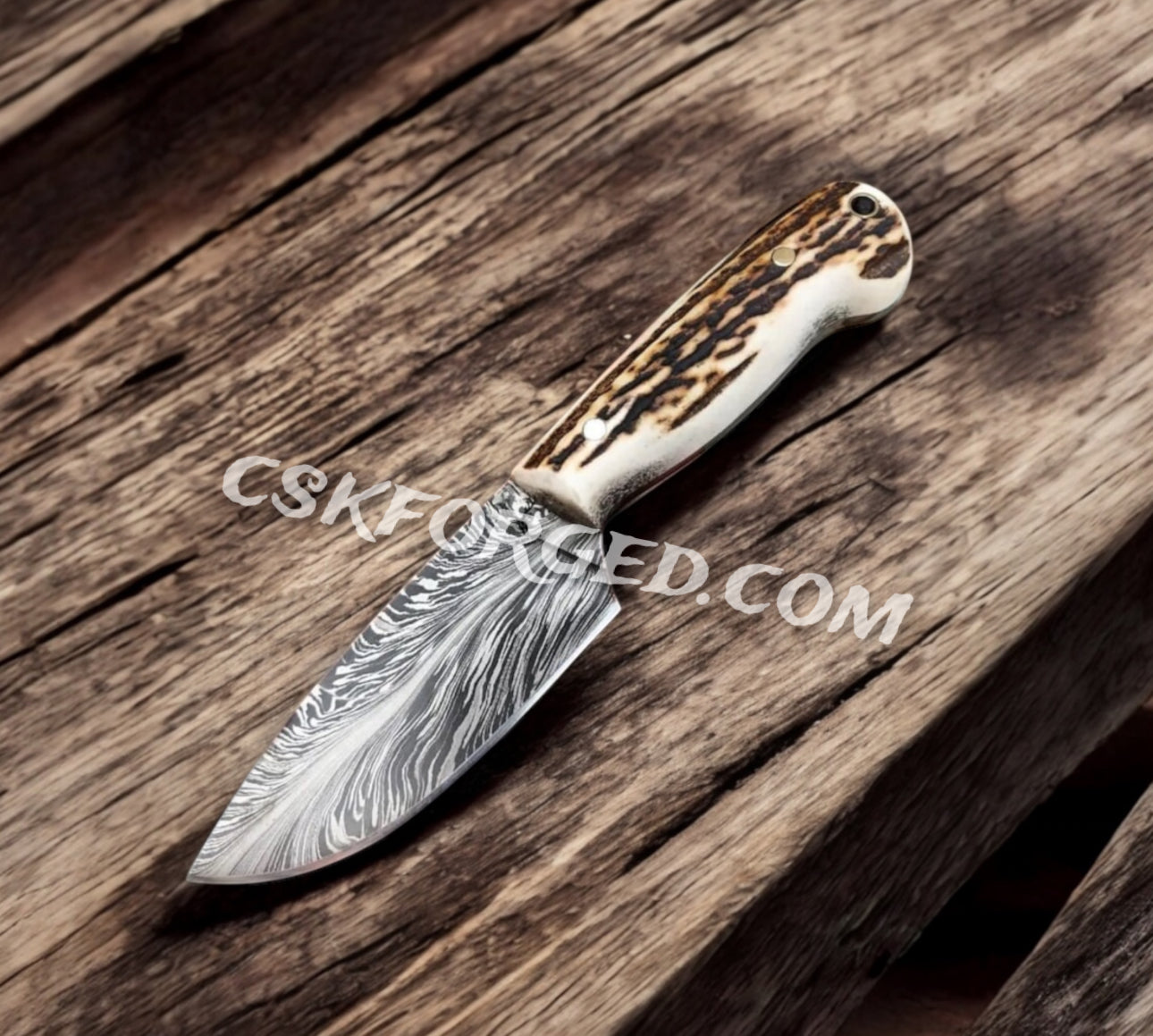 Feather Damascus Hunting Blade & Antler Handle