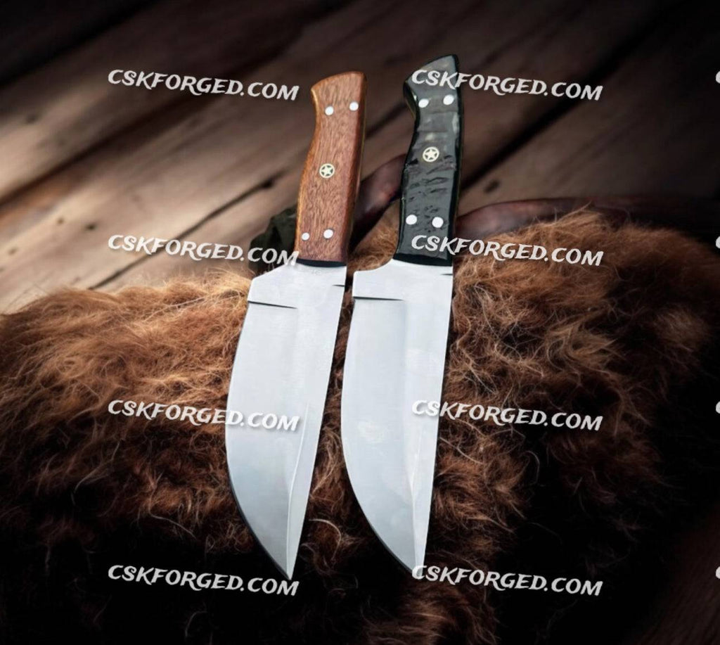 Frostfang handmade hunting knife with walnut wood handle and stainless steel blade by cskforged, detailed view of the knife.