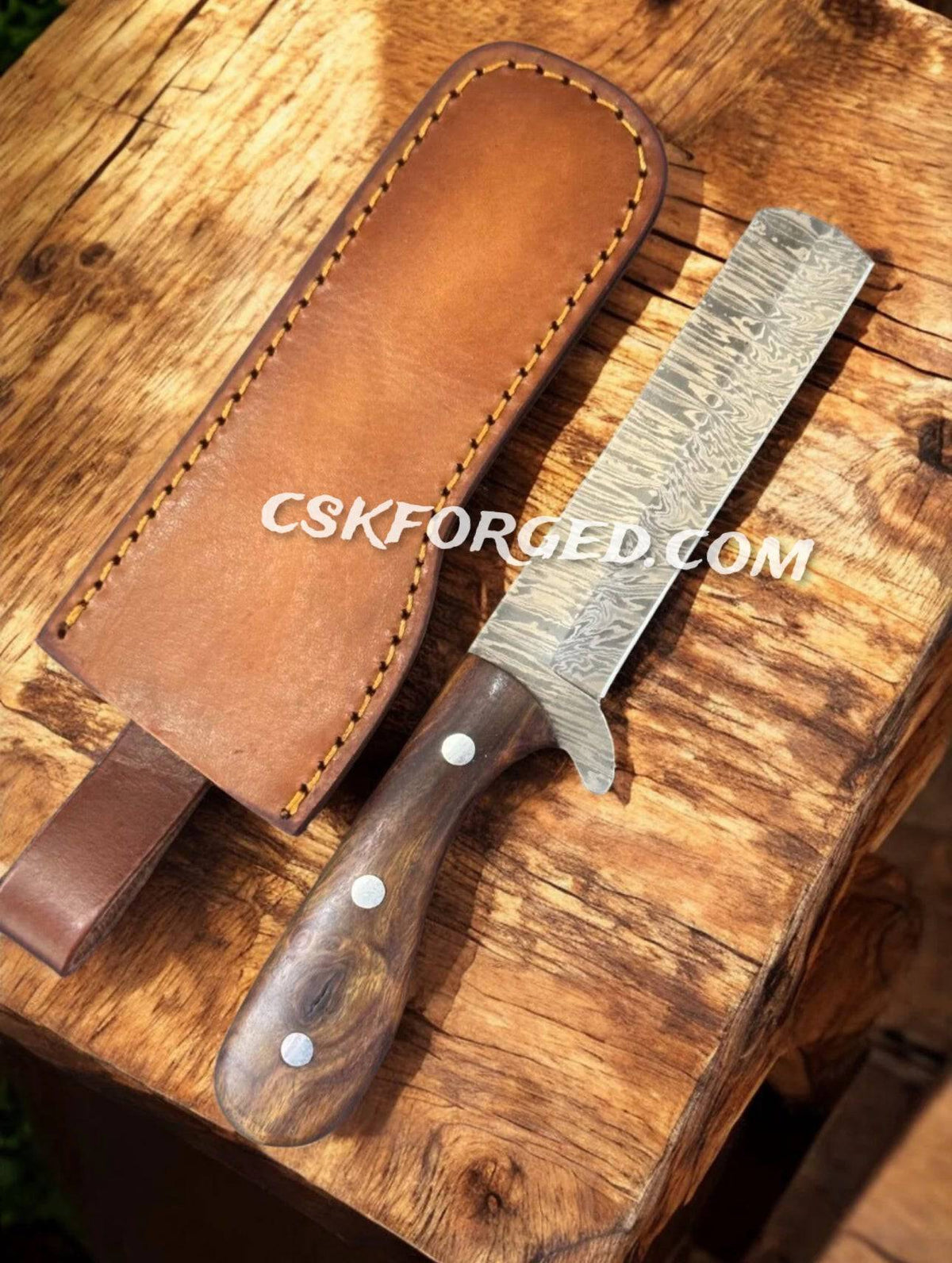 Damascus Bull Cutter Knife with wood handle, cskforged EDC knife featuring a full tang blade and ergonomic wood grip.