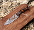 Full tang Damascus steel hunting knife with leather sheath, Eagle's Talon 11.5-inch fixed blade by cskforged for outdoor hunting.
