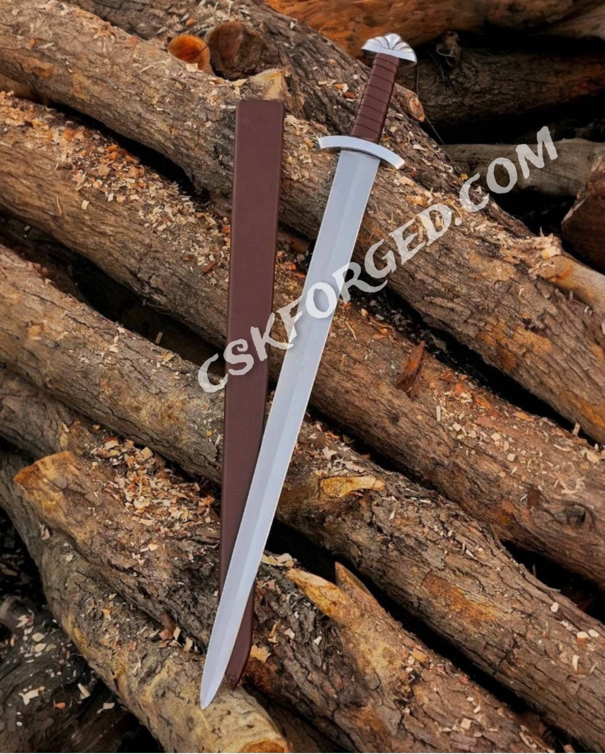 Medieval D2 tool steel Viking sword with Northmen design, leather-wrapped wooden scabbard, crafted by cskforged.
