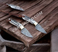 Damascus steel hunting EDC knife set with raindrop blade and antler handles by cskforged.