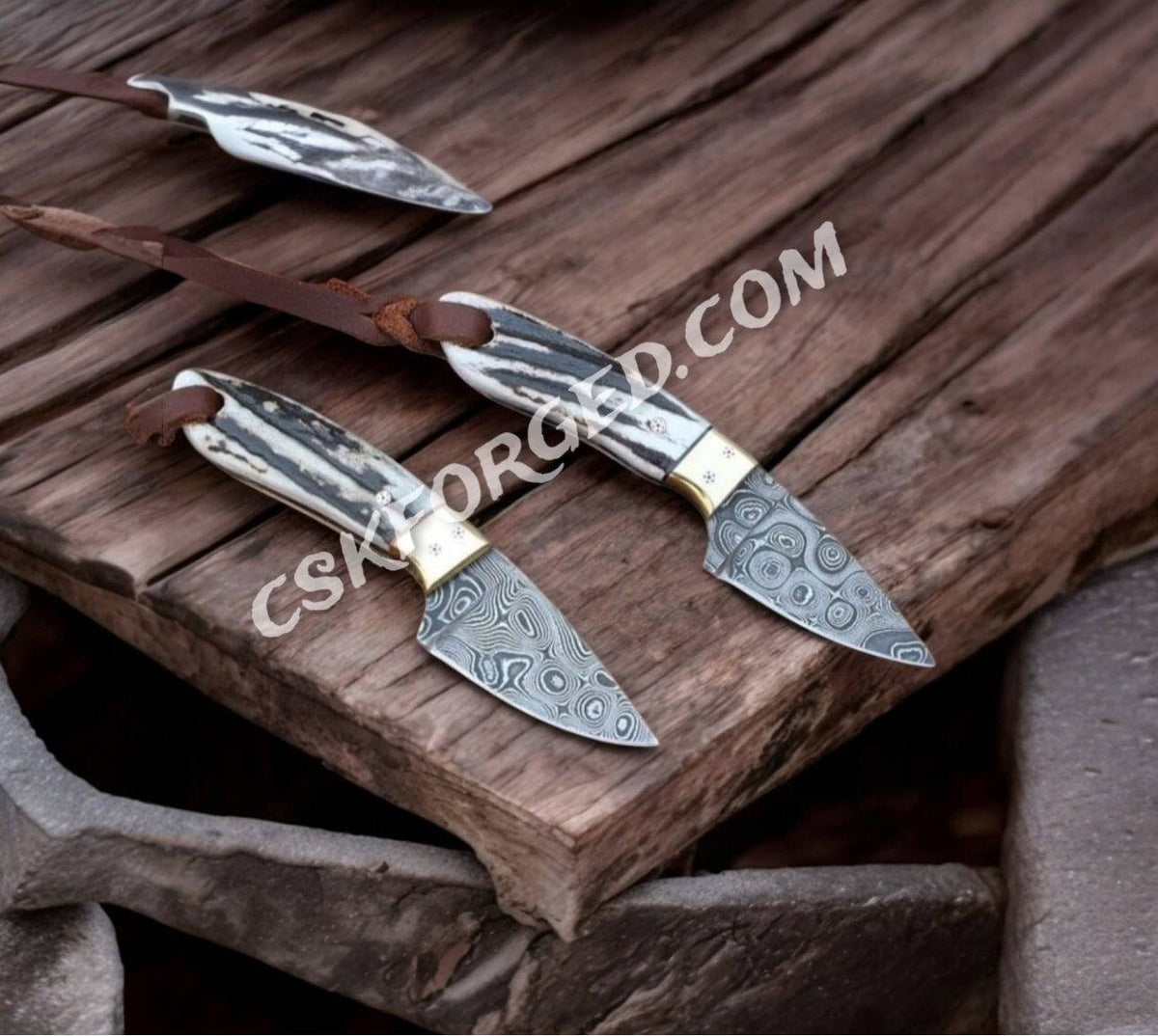 Damascus steel hunting EDC knife set with raindrop blade and antler handles by cskforged.