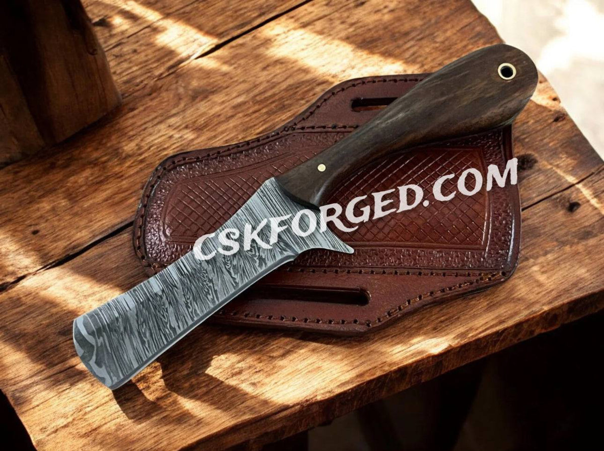 Damascus Bull Cutter EDC knife with rosewood handle by cskforged, full view showing the detailed blade and polished wood grip.