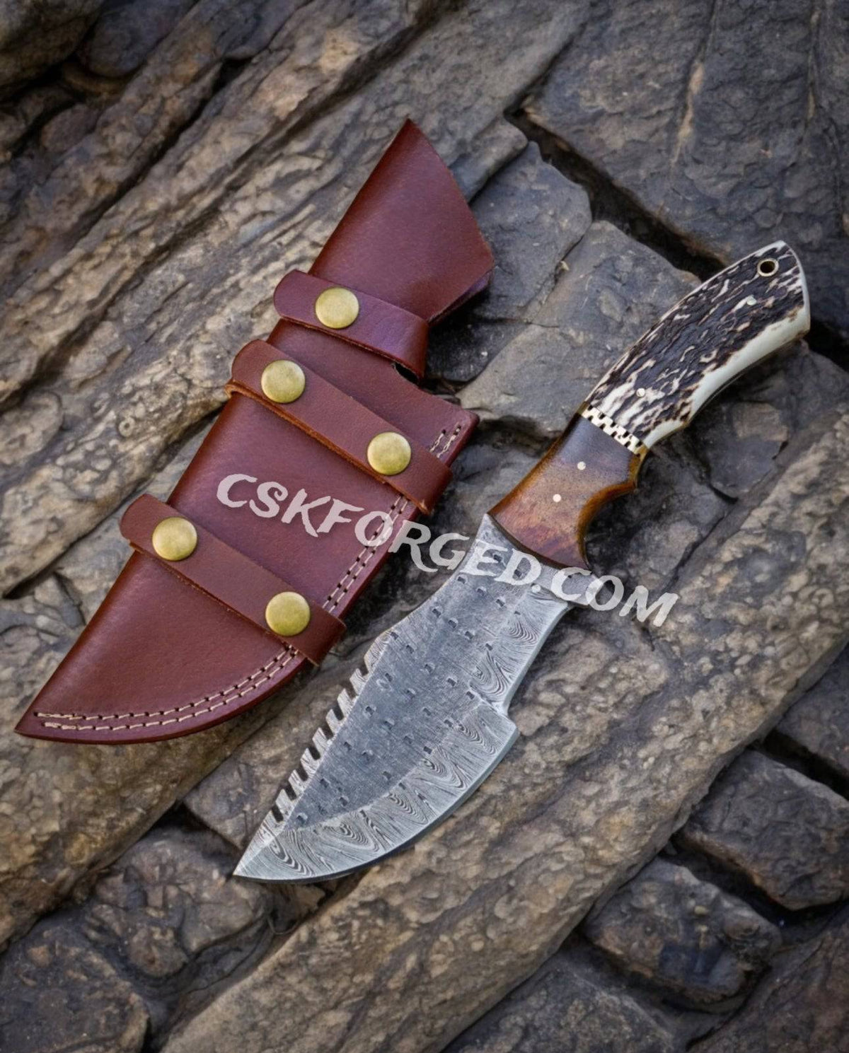 Tom Brown inspired Nightfall Navigator hunting knife by cskforged with full tang Damascus blade, stag antler and wood handle.