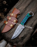 Mystic Blade 9-inch Damascus Steel Hunting Knife with Jiggle Wood Handle, showing the full blade and detailed wood grip.