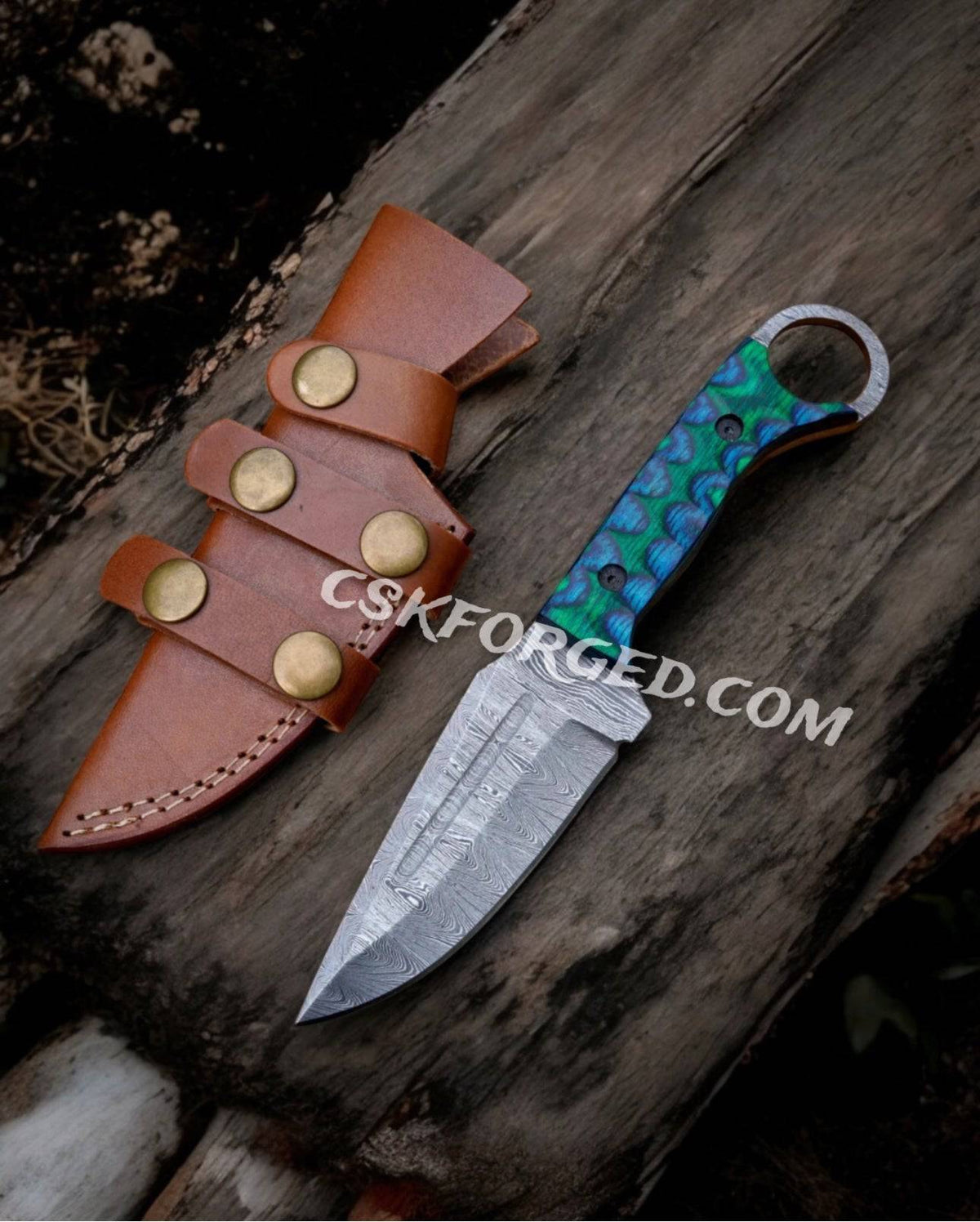 Mystic Blade 9-inch Damascus Steel Hunting Knife with Jiggle Wood Handle, showing the full blade and detailed wood grip.