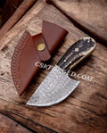 Damascus Raindrop Steel Blade skinning knife by cskforged, full view showing the textured raindrop pattern on the EDC outdoor knife.