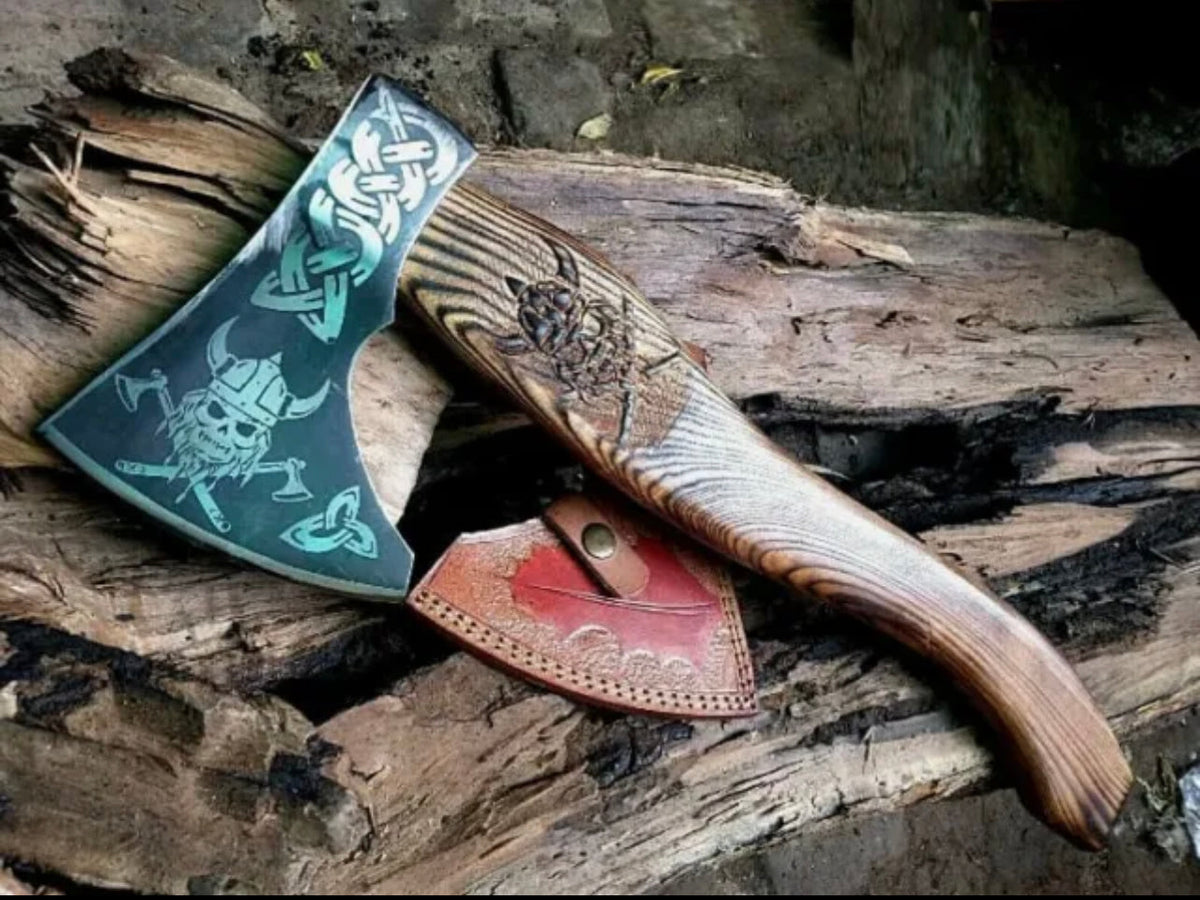 Handmade carbon steel hunting hatchet with wooden handle, Viking axe style, crafted by Knives Gear Garage, showcasing detailed craftsmanship