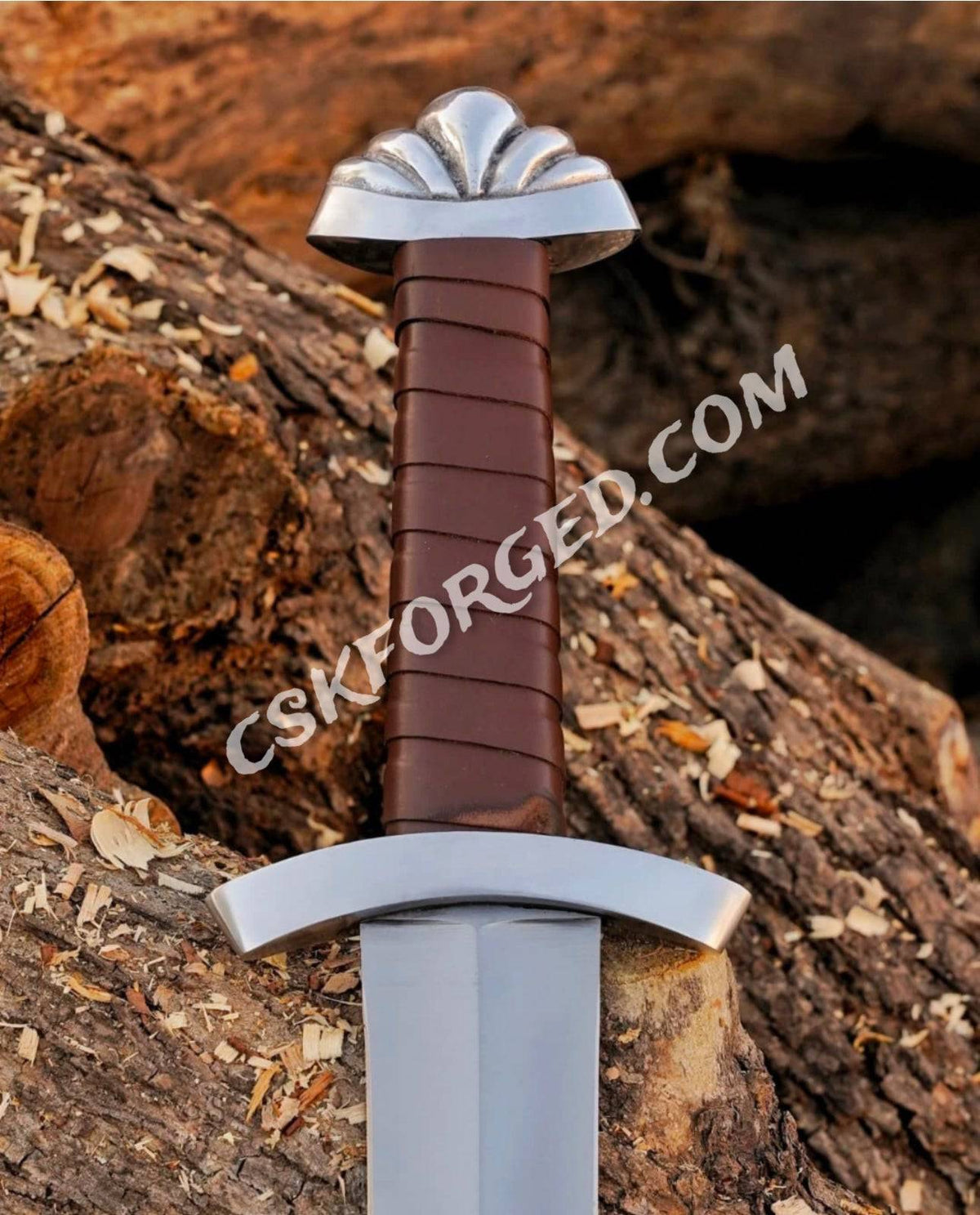 Medieval D2 tool steel Viking sword by cskforged with leather-wrapped wooden scabbard and intricate Northmen design, full view.