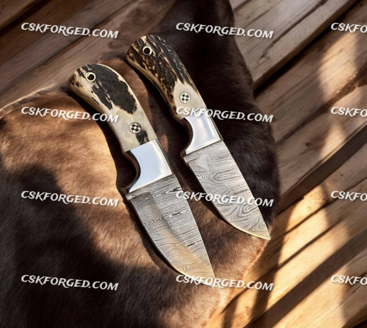 Frontier Ranger Custom Old West hunting knife set by CSKForged with leather sheaths and rustic wooden handles displayed on a wooden surface.
