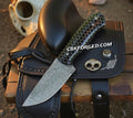 Cskforged cowboy hunting knife with 3.25-inch Damascus blade and durable black honeycomb handle, sharp and reliable for outdoor use.