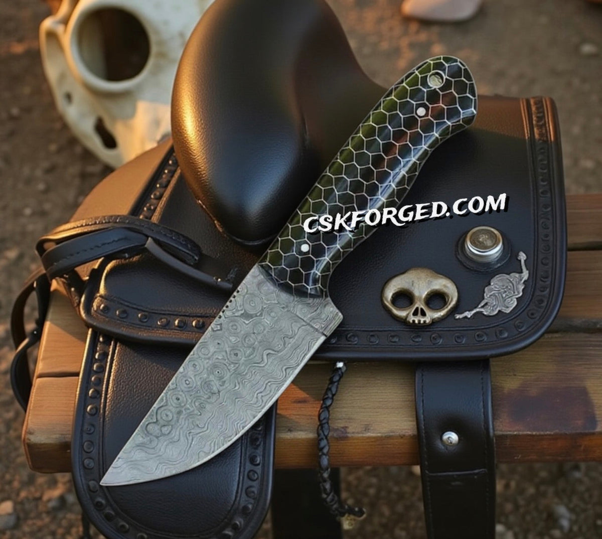 Cskforged cowboy hunting knife with 3.25-inch Damascus blade and durable black honeycomb handle, sharp and reliable for outdoor use.