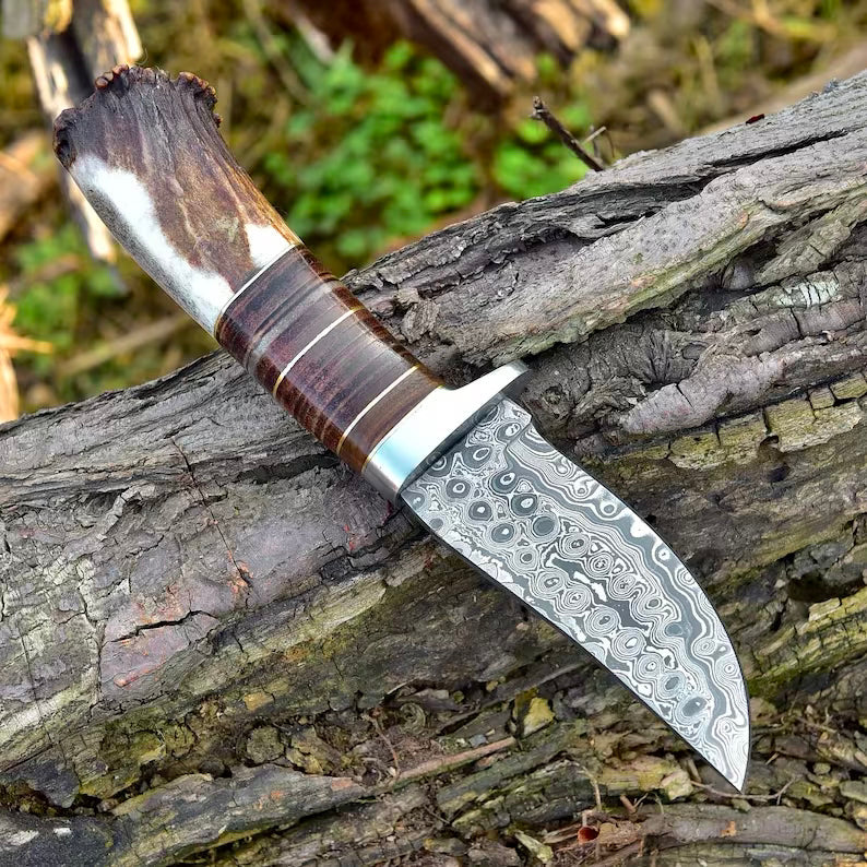 Custom Handmade Fixed Blade Damascus Steel Hunting Knife With Leather Sheath (Deer Stag Antler Handle) Amazing Gift