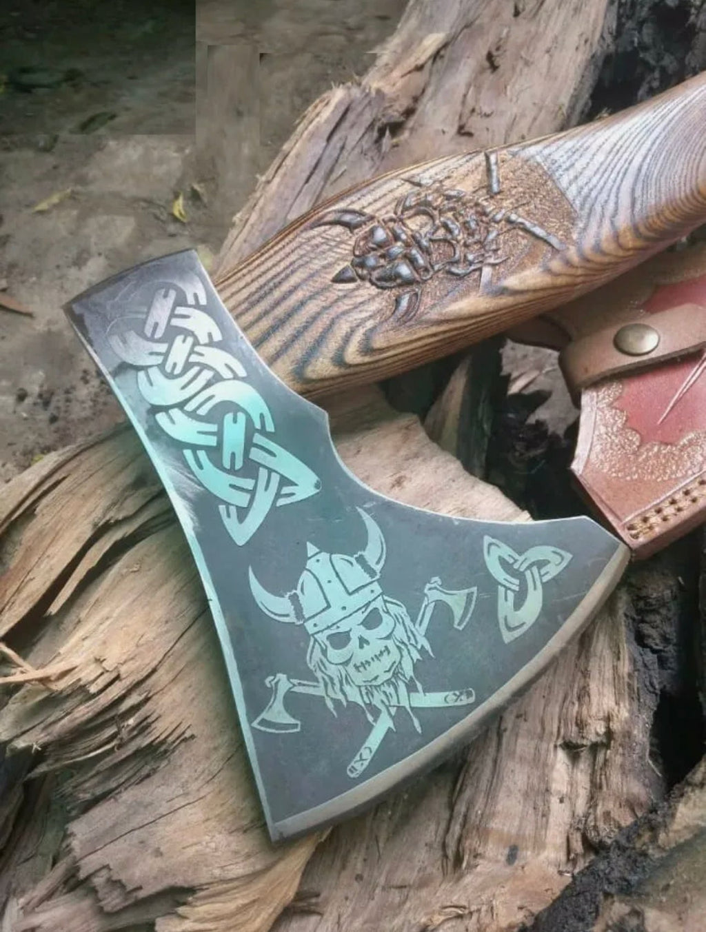 Custom handmade carbon steel hatchet and tomahawk from Knives Gear Garage, featuring a sleek Viking axe design and polished wooden handle.
