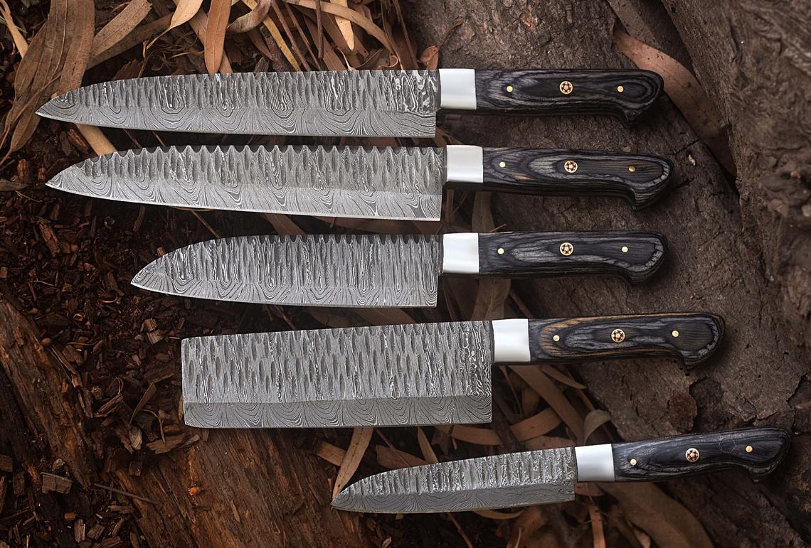 Custom Handmade Damascus Kitchen Knives Set with Exotic Wood Handles and Steel Bolsters
