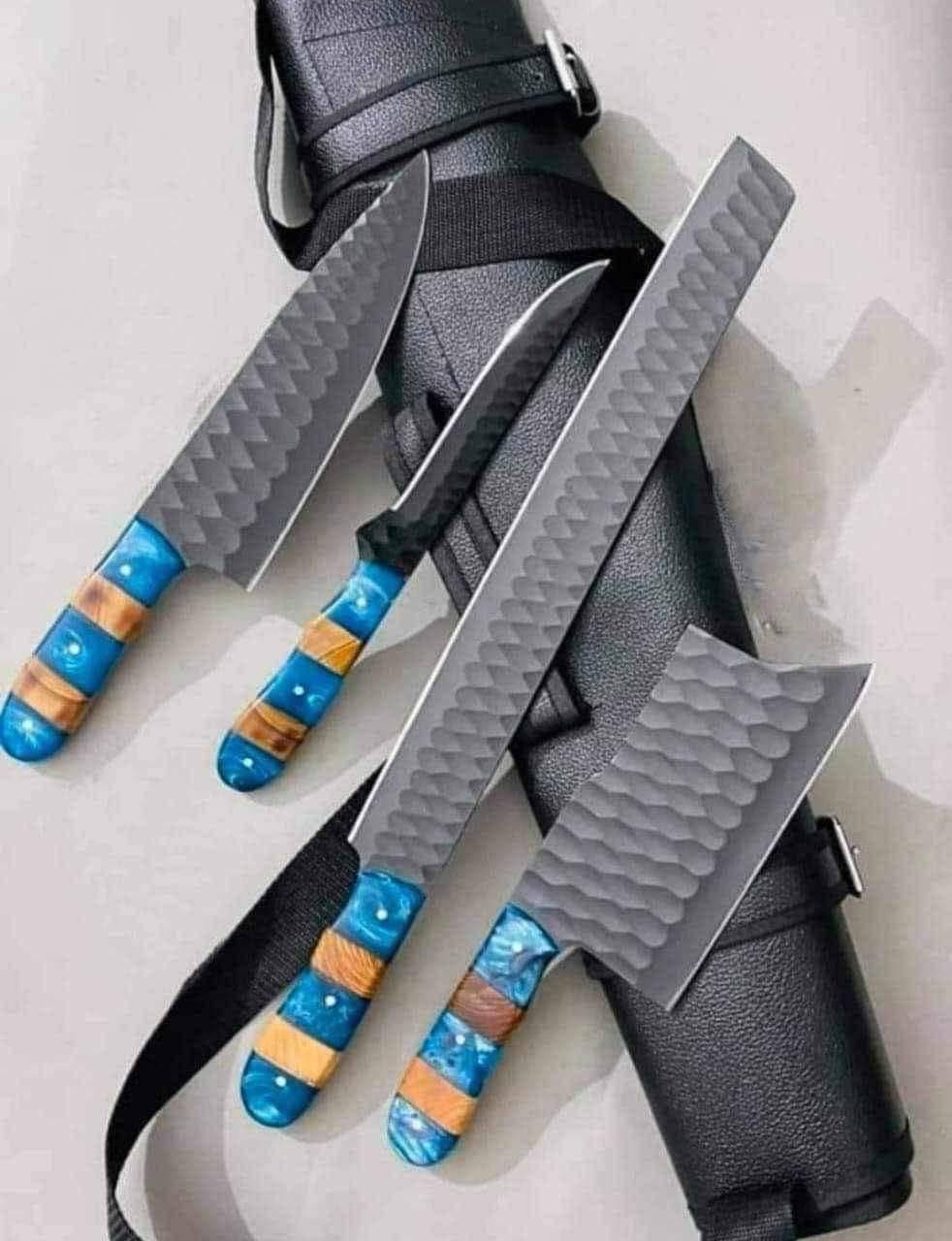 Premium custom kitchen knives set from Knives Gear Garage with handcrafted J2 steel blades and wood-resin handles for culinary use.