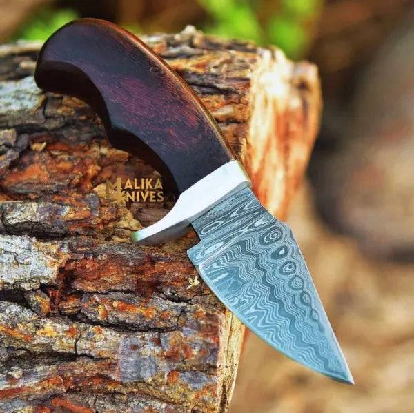 Mini Damascus hunting knife with rosewood handle from MALIKA KNIVES, showing the detailed blade and polished wooden grip.