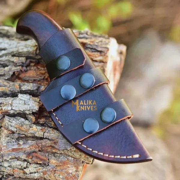 Mini Damascus hunting knife with rosewood handle by MALIKA KNIVES, featuring a sleek blade and polished wooden grip.