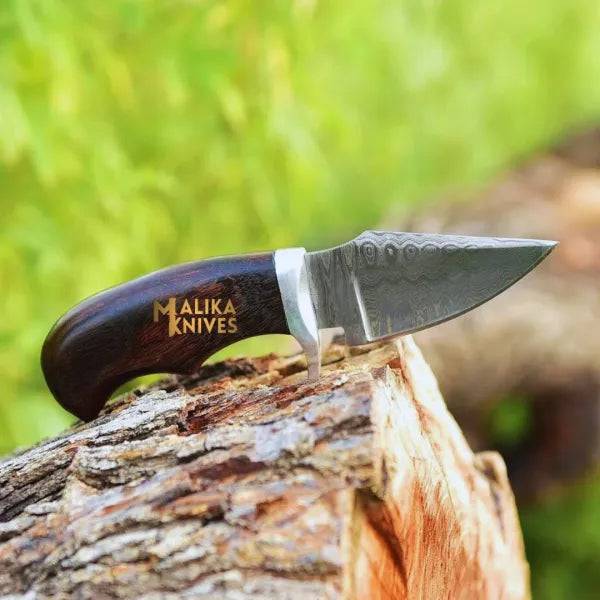 Mini Damascus hunting knife with rosewood handle by MALIKA KNIVES, featuring a sleek blade and polished wooden grip.