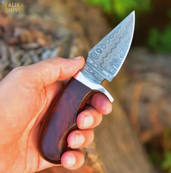 Mini Damascus hunting knife with rosewood handle by MALIKA KNIVES, featuring a sleek blade and polished wood grip.