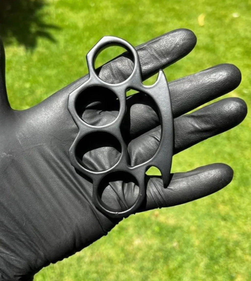 Custom Hand-Casted Black Brass Knuckle Duster with Leather Belt Case