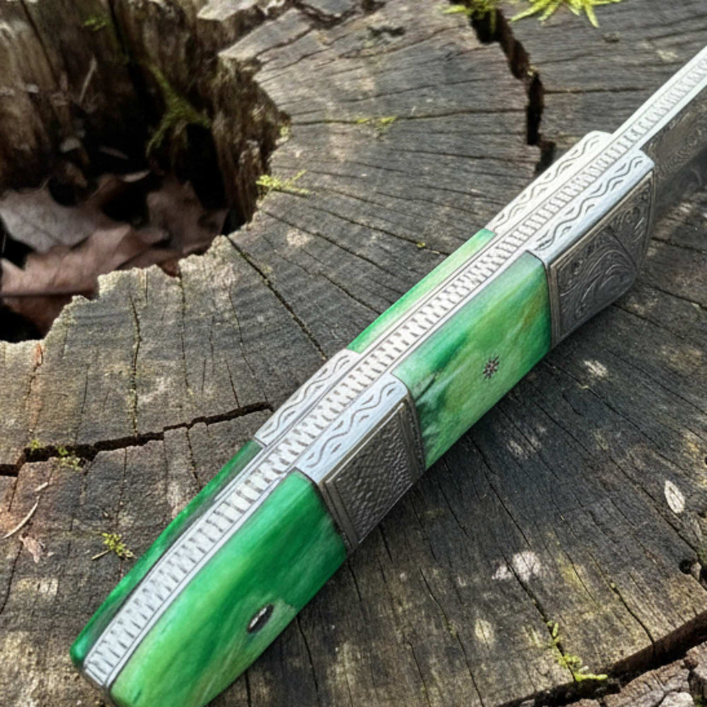 Engraved D2 Hunting Knife Brass Inlay Camel Bone