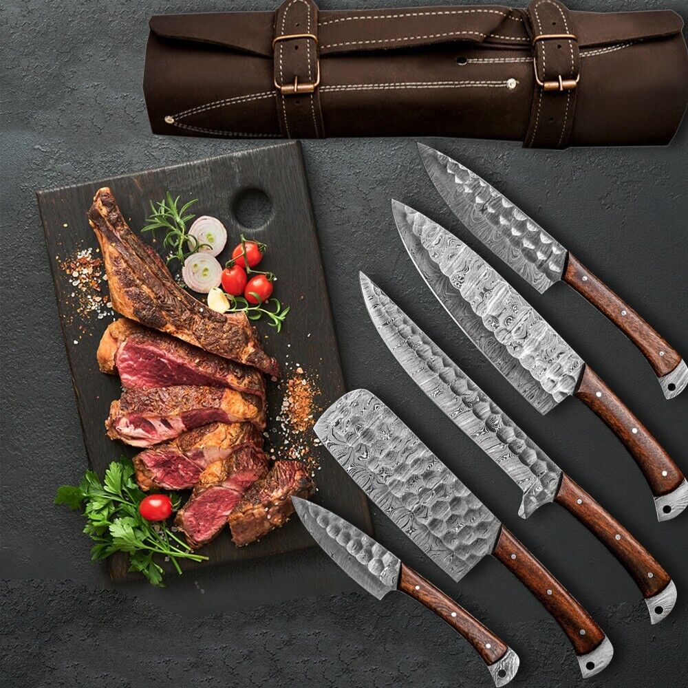 Custom Handmade Damascus Knives Set - 7" Rosewood Handles