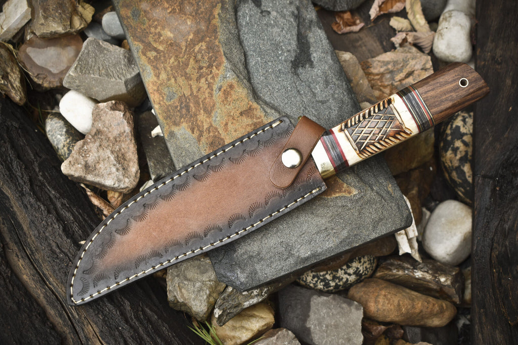 Premium Handmade 13" Damascus Steel Bowie Knife – Brass Guard, Camel Bone & Rosewood Handle + Leather Sheath