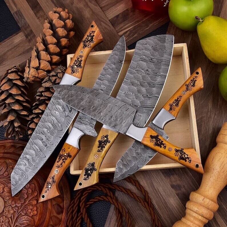 Custom Handmade Damascus Steel Knife Set with Engraved Rosewood Handles