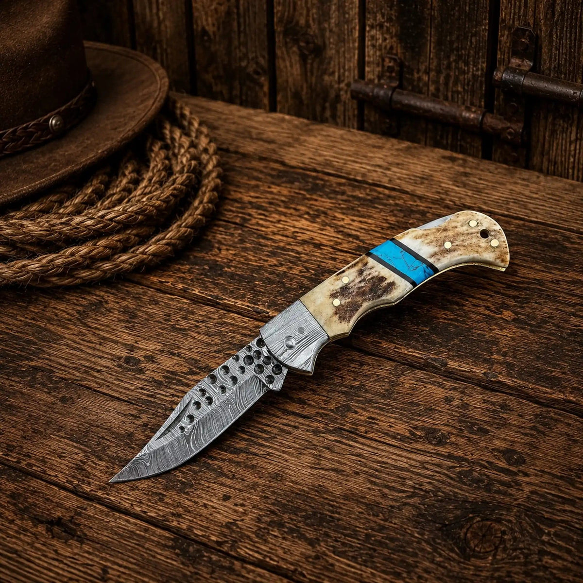 Handcrafted CSK Forged cowboy Damascus steel folding pocket knife with antler and turquoise handle, showcasing intricate blade and handle details.
