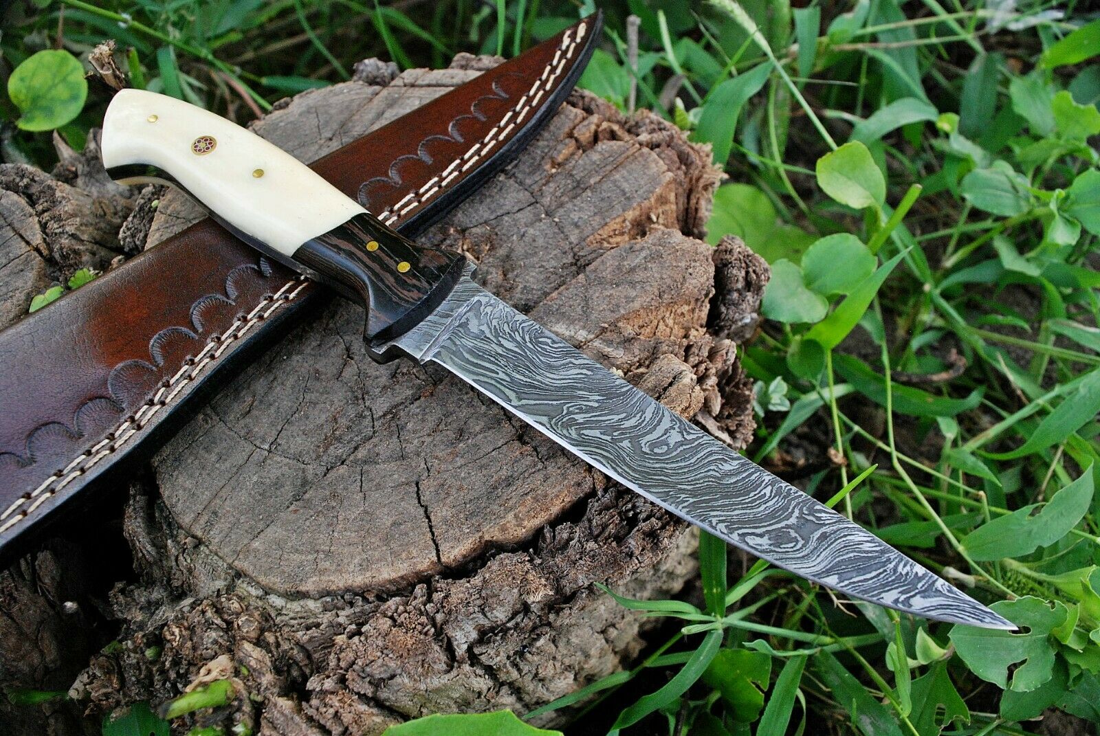 Custom Handmade Damascus Fishing Fillet Knife - 11" Blade with Wenge Wood and Bone Handle & Leather Sheath | Top Flexible Fillet Knives