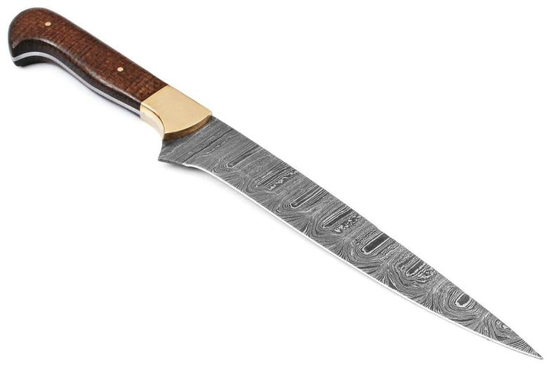 Custom Handmade Damascus Fillet Knife - 12" Micarta Handle with Brass Bolster and Leather Sheath