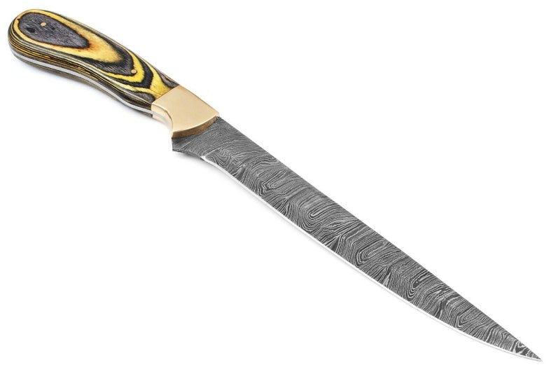 Custom Handmade Damascus Fillet Knife - 12" with Pakka Wood Handle and Brass Bolster