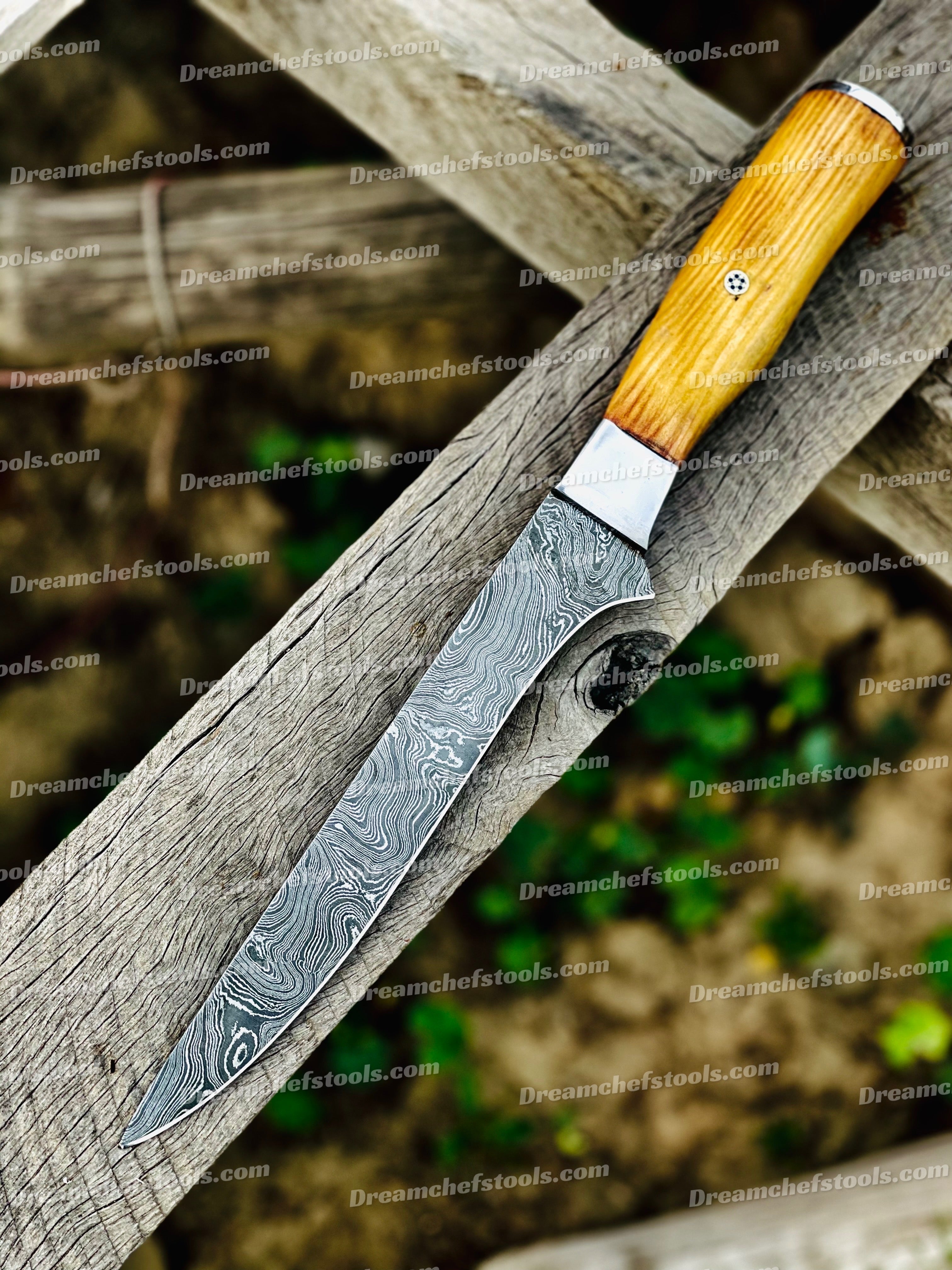 Custom Handmade Damascus Steel Fillet Knife - 12" Blade with Olive Wood Handle & Leather Sheath | Best Flexible Fillet Knives
