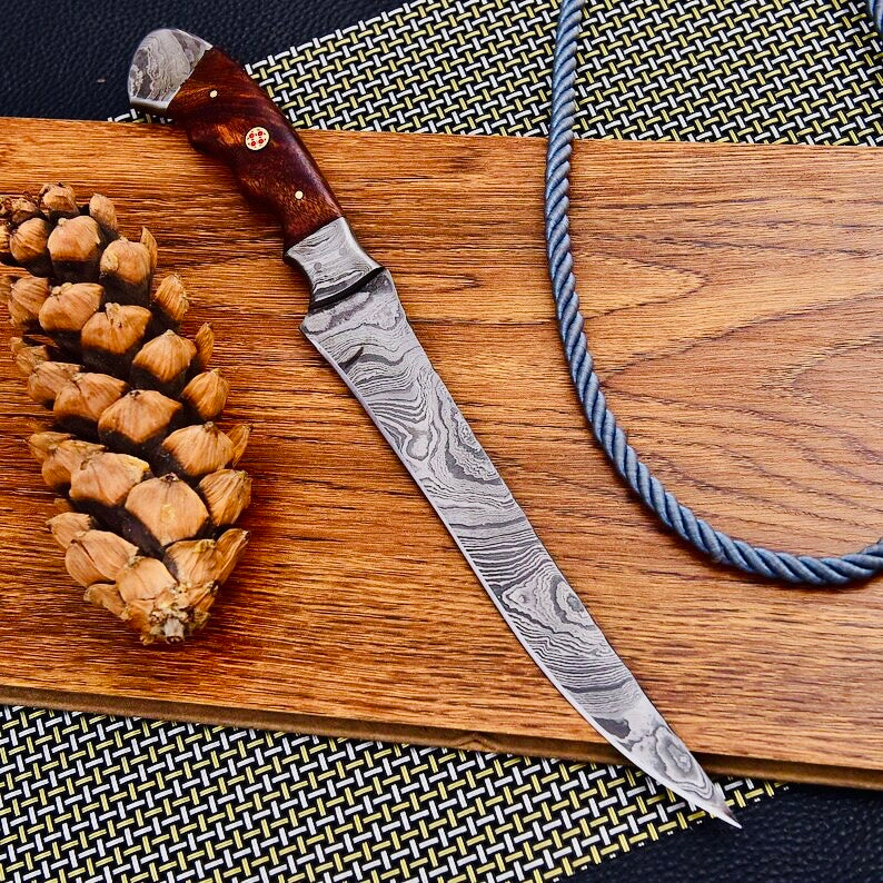 Custom Handmade Damascus Steel Fishing Fillet Knife - 13" with Rosewood Handle and Damascus Steel Bolster
