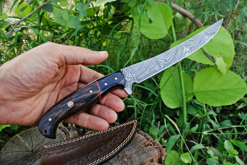 Custom Handmade Damascus Fishing Fillet Knife - 13" Blade with Wenge Wood and Micarta Handle & Leather Sheath | Best Flexible Fillet Knives