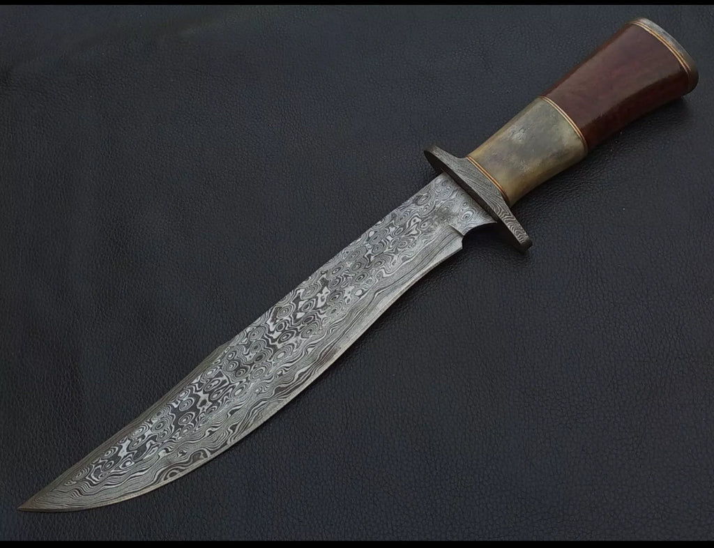 Custom Handmade 15” Bowie Knife with Color Bone Handle & Damascus Steel Guard – Includes Leather Sheath