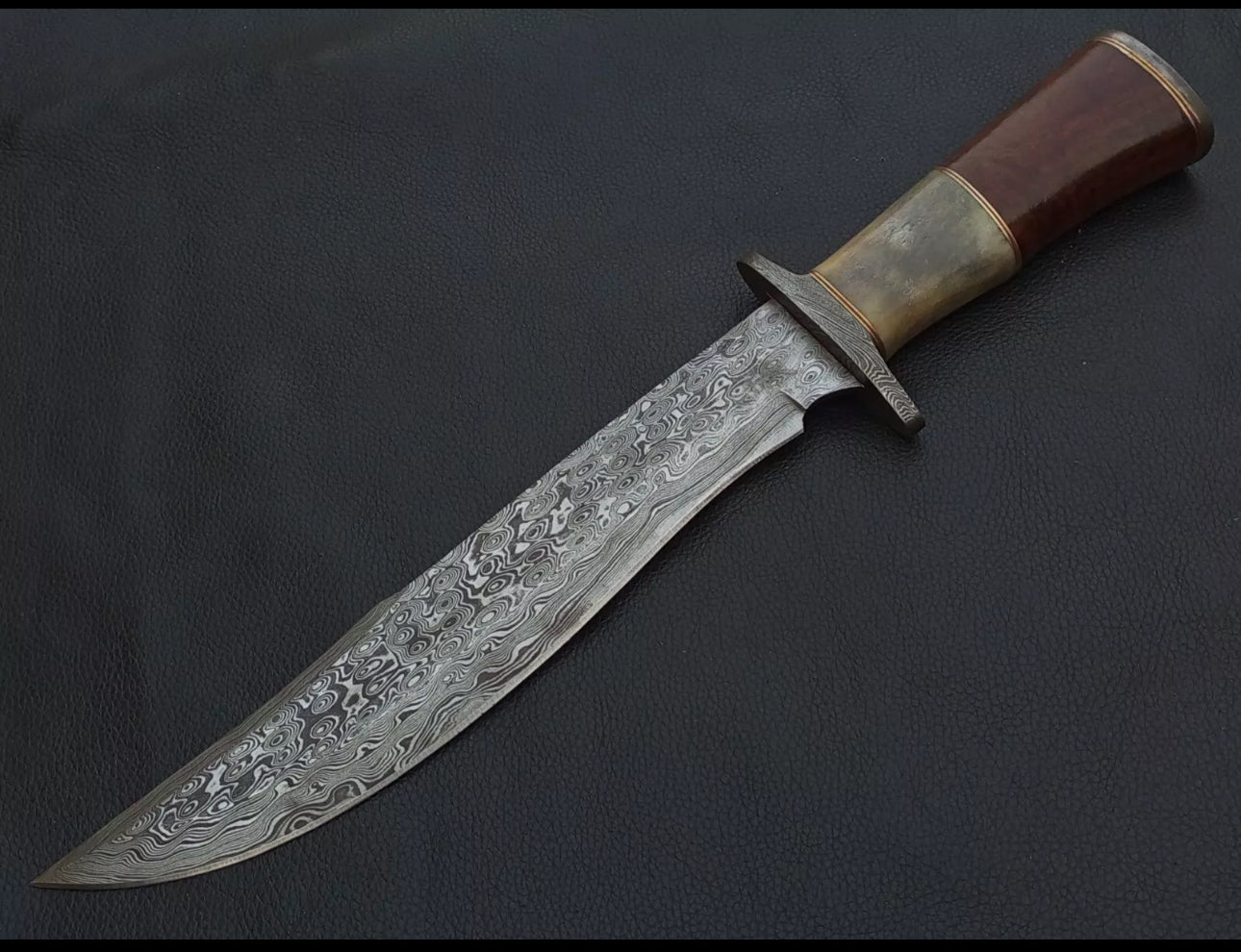 Custom Handmade 15” Bowie Knife with Color Bone Handle & Damascus Steel Guard – Includes Leather Sheath