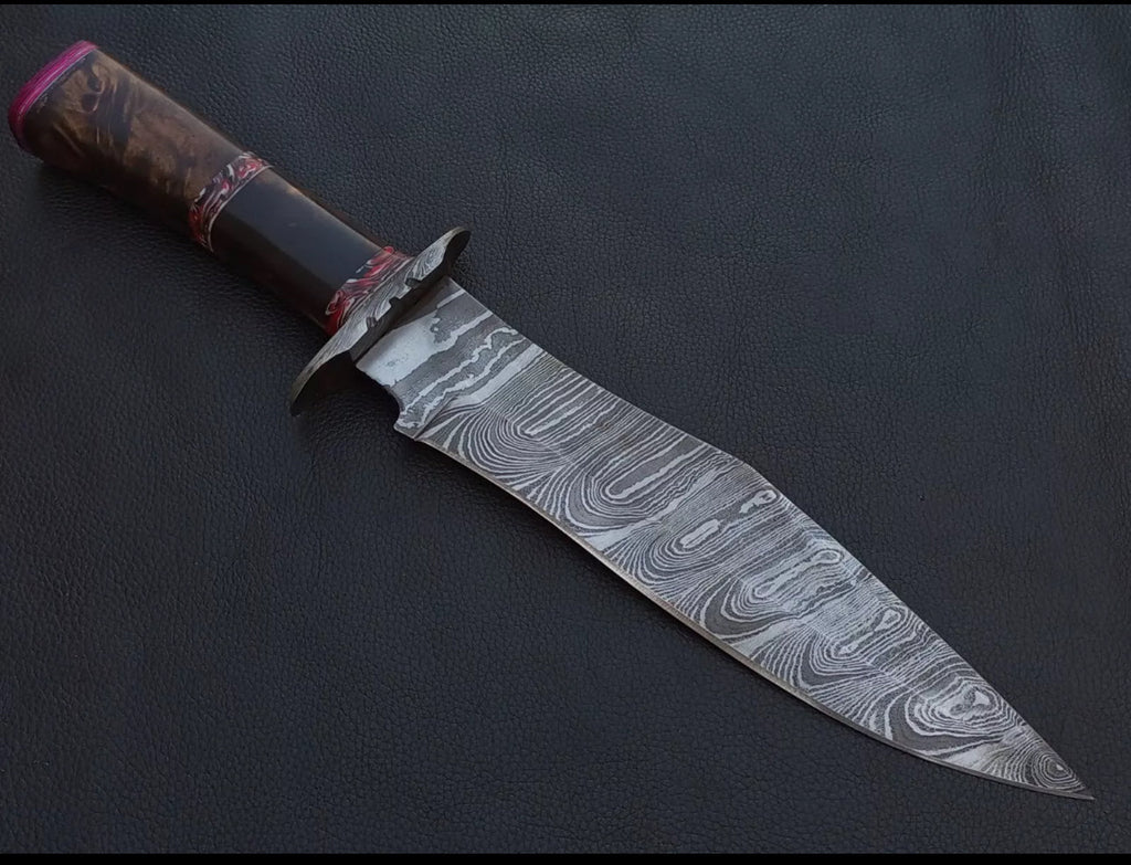 Custom Handmade 15” Bowie Knife with Rosewood Handle & Damascus Steel Guard – Includes Leather Sheath
