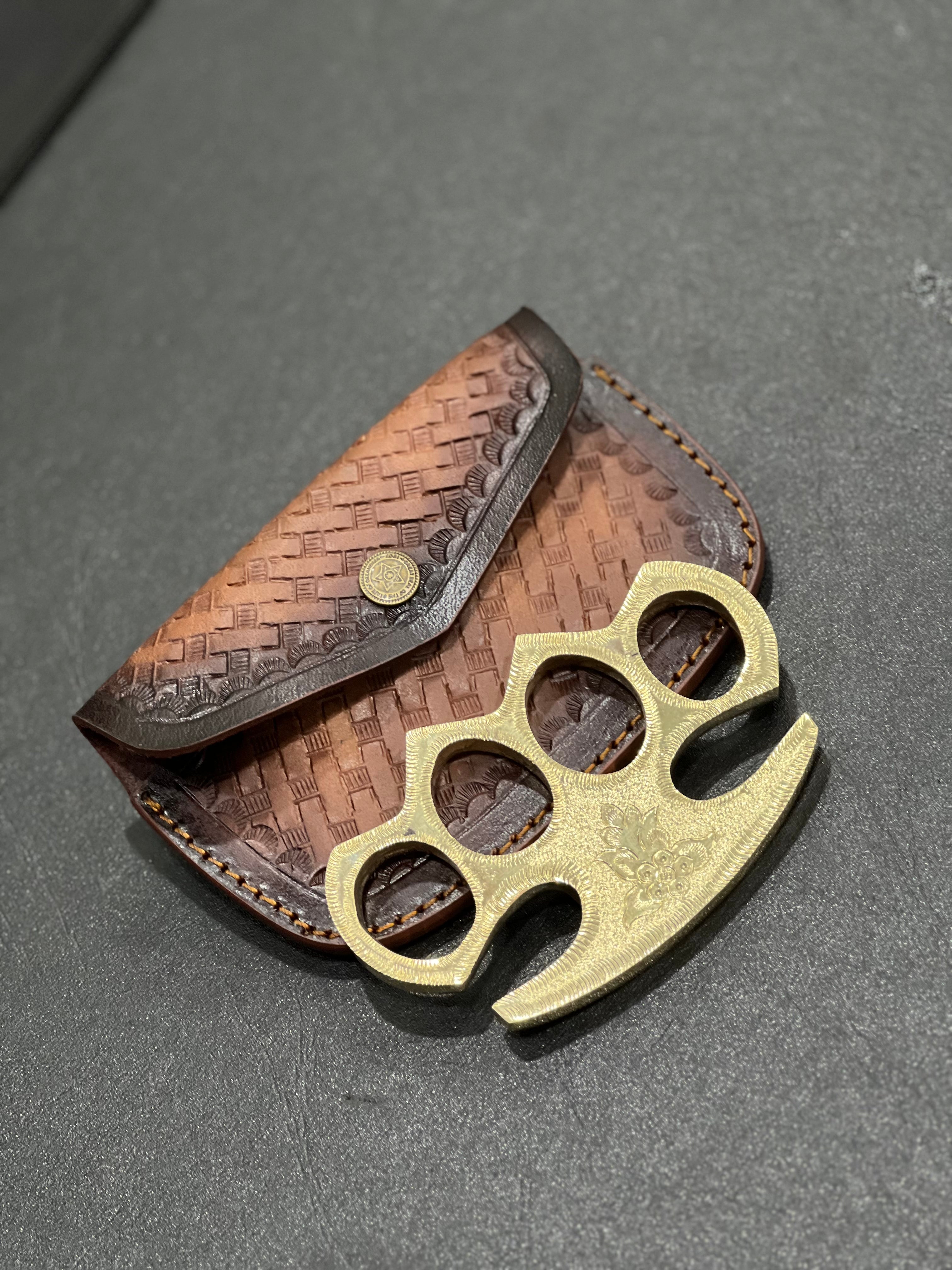 Custom Handmade Solid Brass Engraved Knuckle Duster with Leather Belt Case – Premium Self Defense Gift for Men