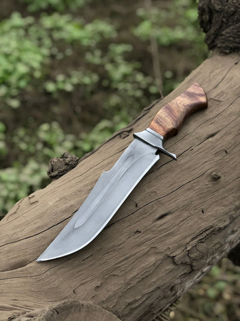 Custom handmade 15-inch D2 steel Bowie knife with acid wash finish, rosewood handle, steel guard, and leather sheath.