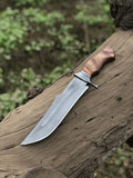 Custom handmade 15-inch D2 steel Bowie knife with acid wash finish, rosewood handle, steel guard, and leather sheath.